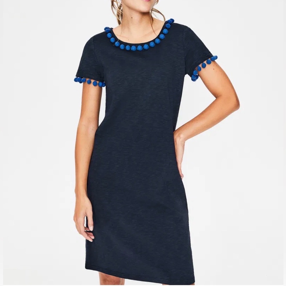 Boden Bridget Jersey Dress Navy Blue Pom Pom Trim Size 10 Casual